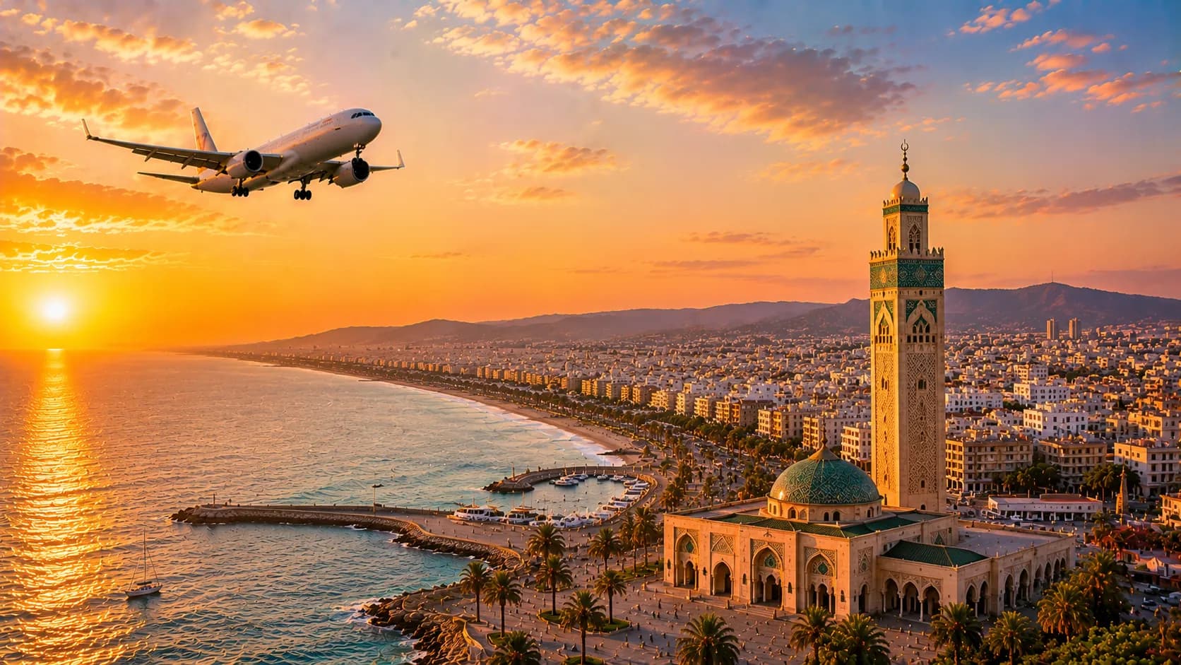 Aircraft flying along Morocco's Atlantic coastline at sunset, a minaret rising above the shore