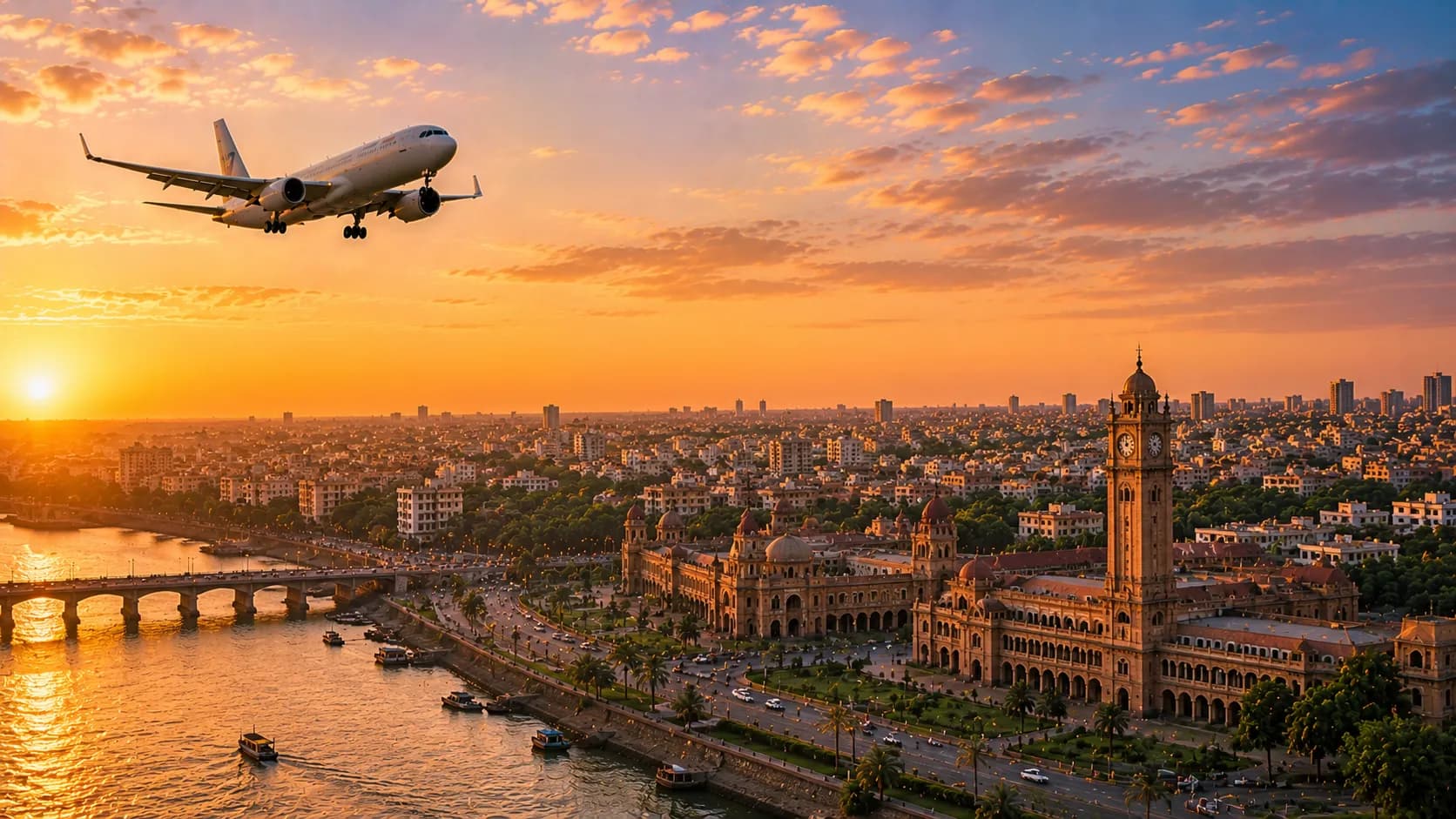 Aircraft flying over Ahmedabad's riverside clock tower and bridge at sunset