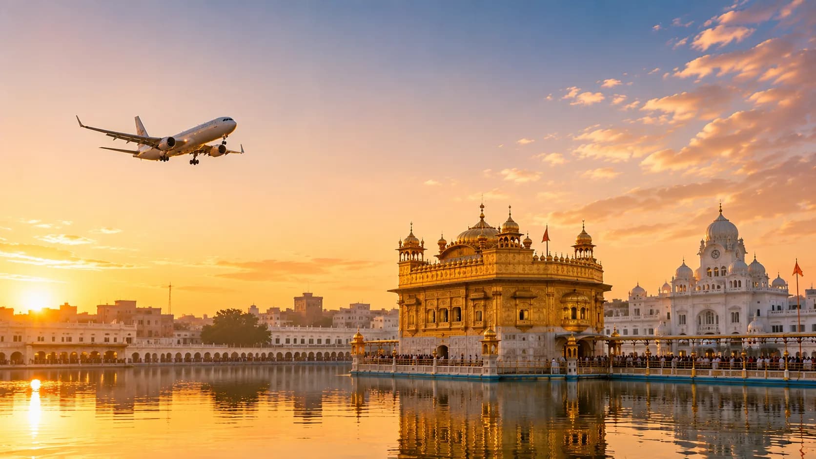 Aircraft flying over the Golden Temple reflected in its sacred pool at sunrise, Amritsar