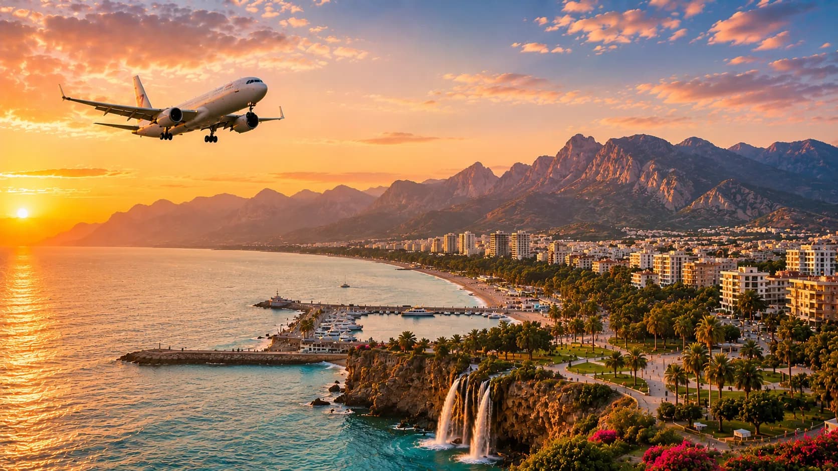 Aircraft descending over Antalya's cliffside waterfalls and Mediterranean coastline at sunset