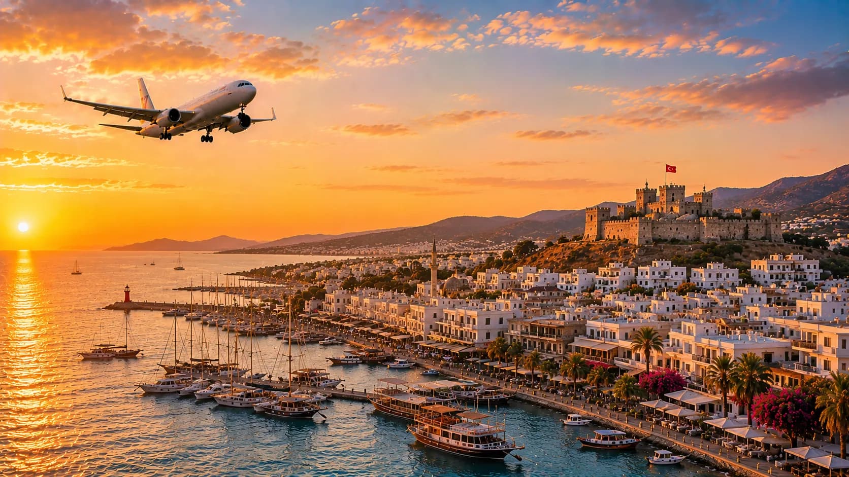 Aircraft flying over Bodrum Castle and its yacht harbour at sunset