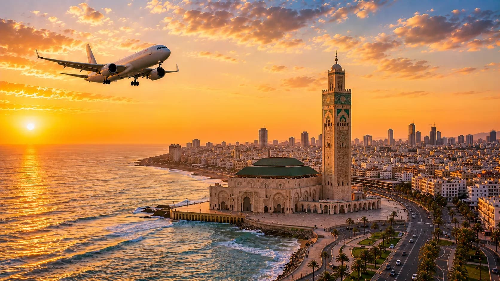 Aircraft flying over the Hassan II Mosque on Casablanca's Atlantic shoreline at sunset