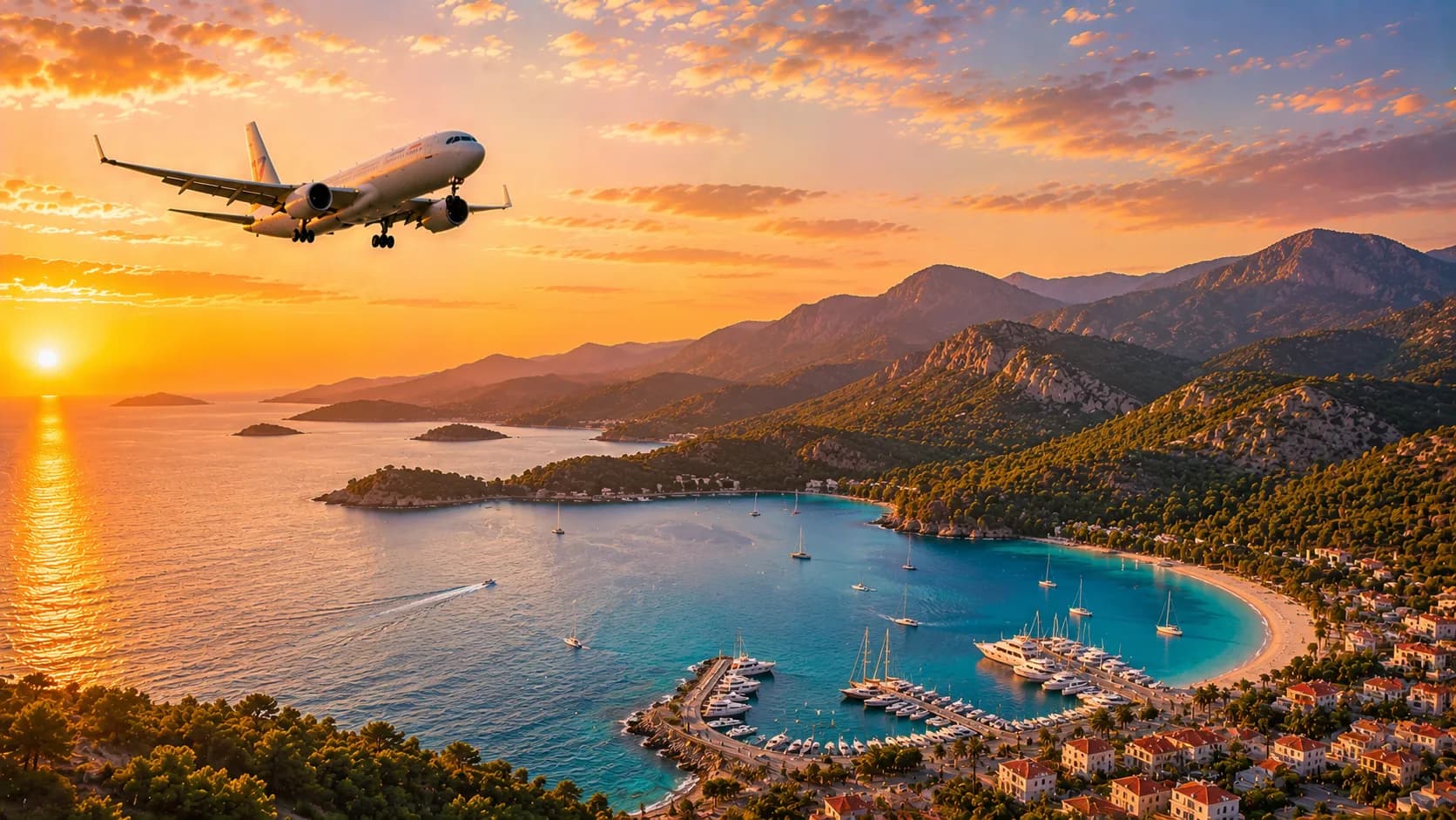 Aircraft flying over a turquoise bay on Turkey's Turquoise Coast near Dalaman at sunset