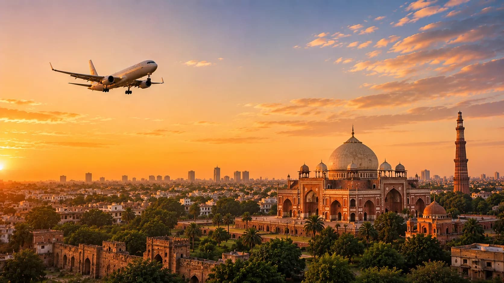Aircraft descending over Delhi's Mughal-era domes and minaret at sunset