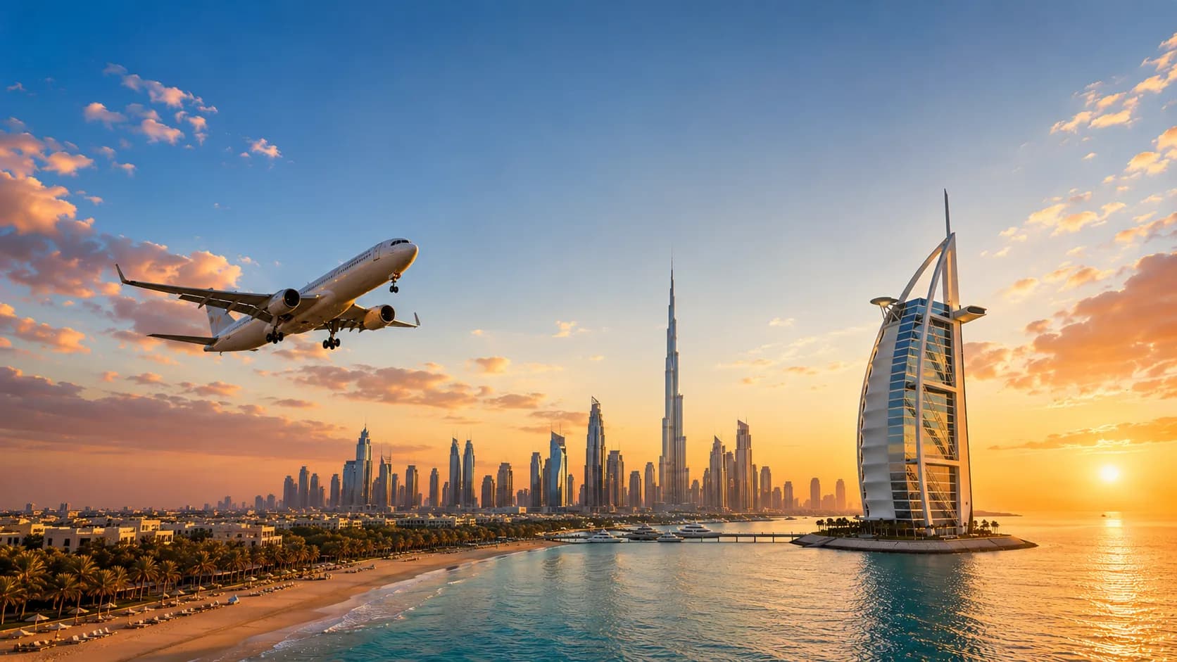 Aircraft descending over Dubai's skyline, with the Burj Khalifa and Burj Al Arab at sunset