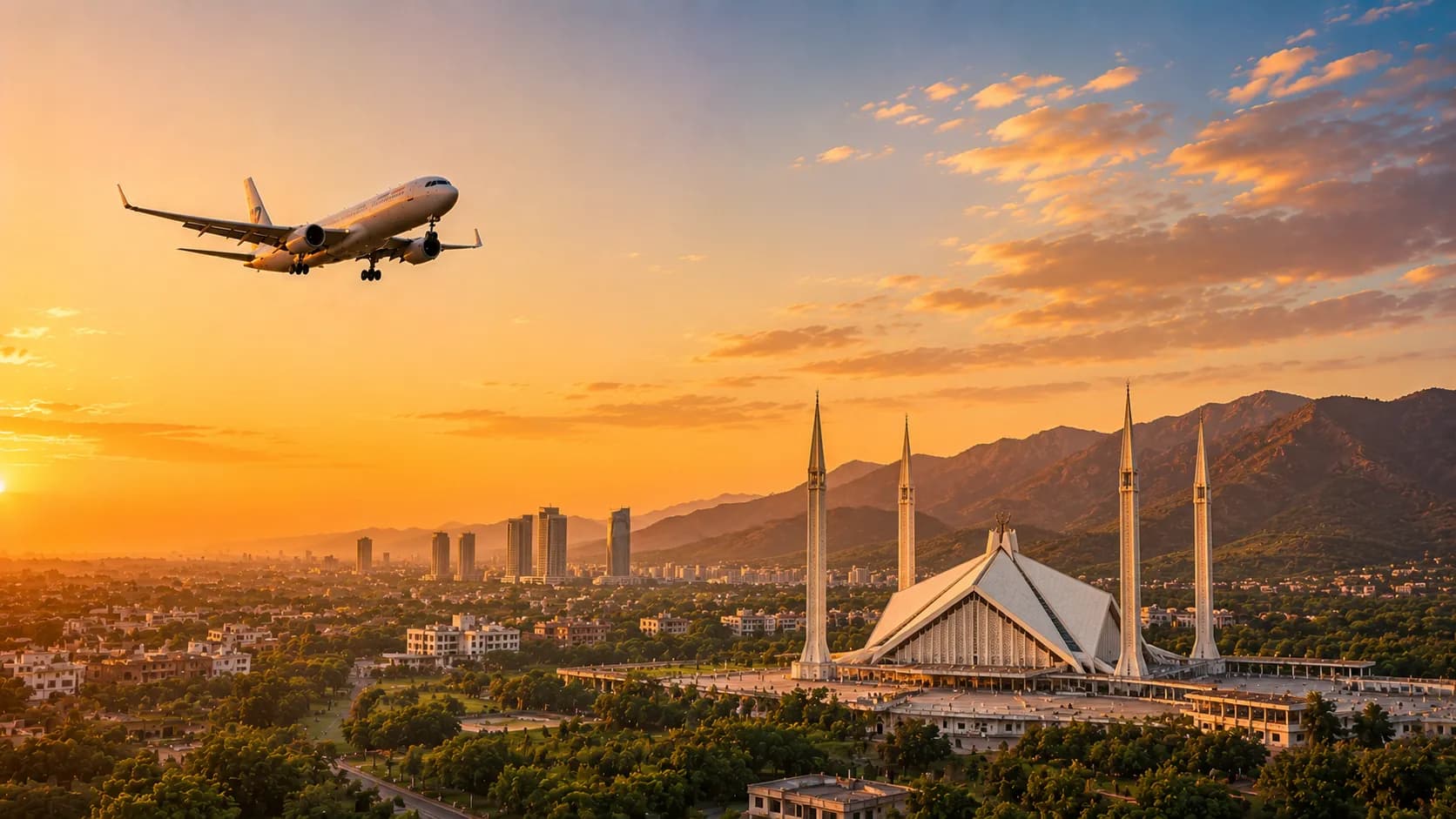 Aircraft descending over Islamabad, with Faisal Mosque and the Margalla Hills at sunset