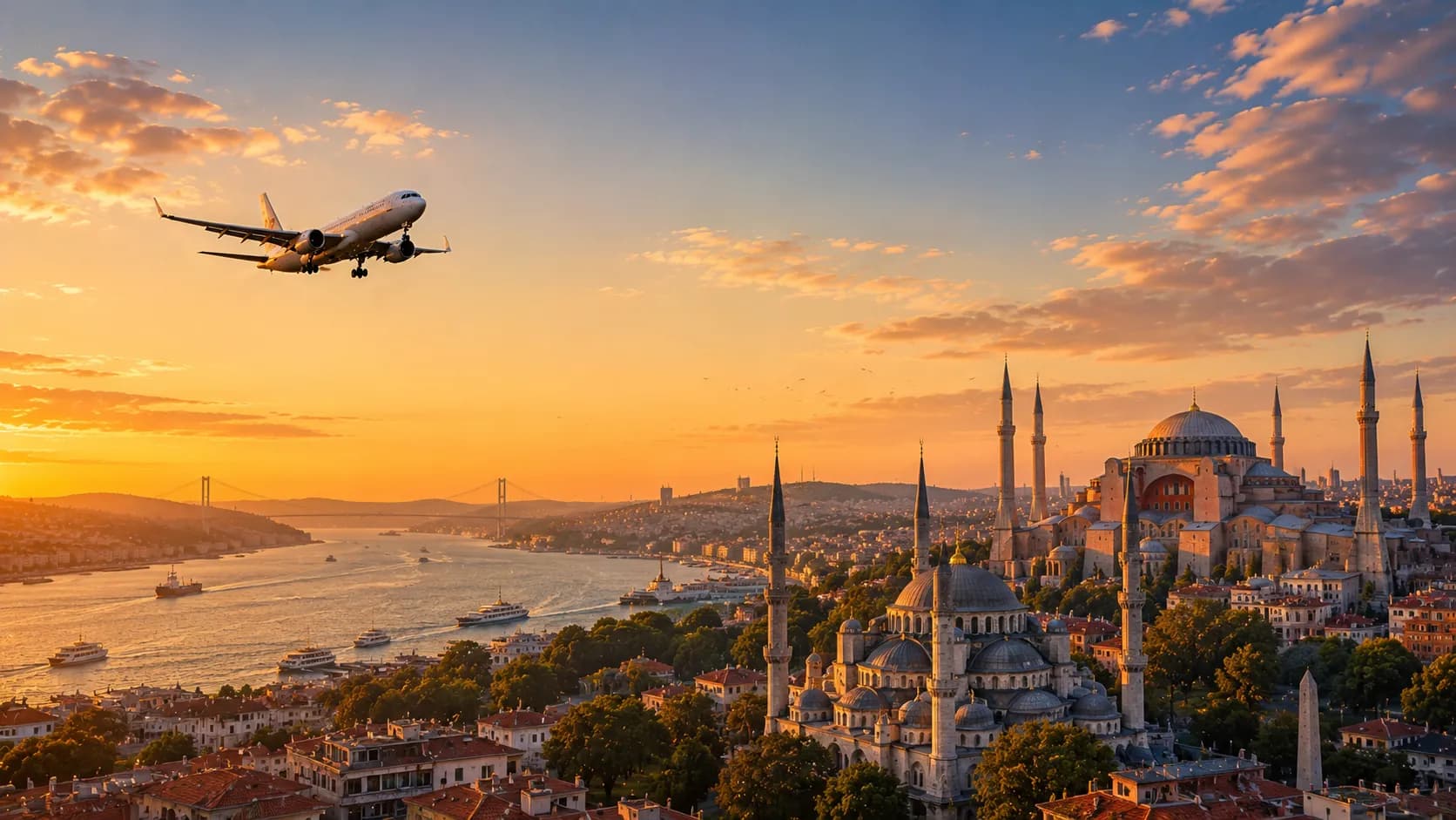 Aircraft descending over a grand domed mosque on the Bosphorus, Istanbul, at sunset