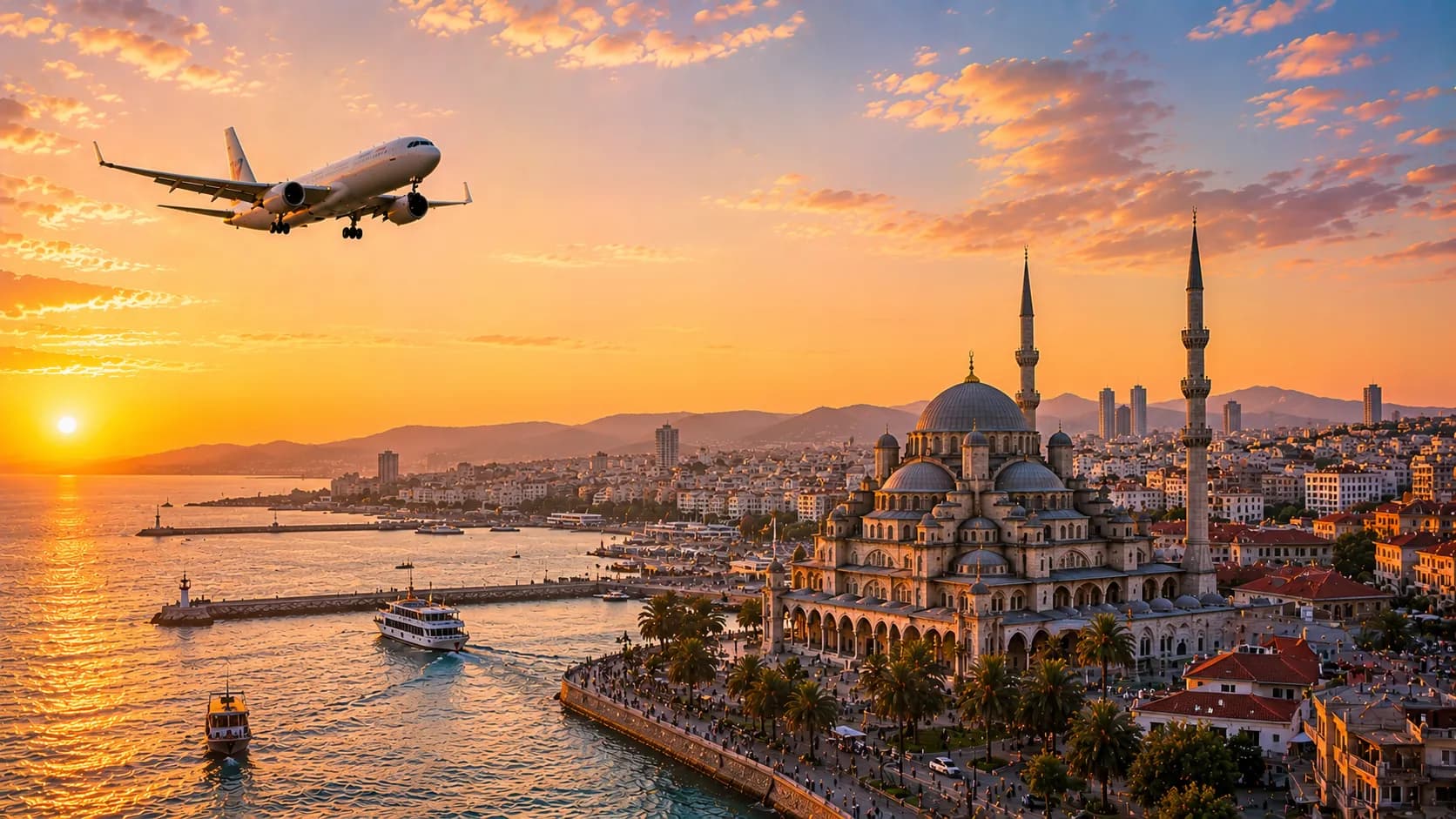Aircraft descending over a domed mosque and harbour on Turkey's Aegean coast at sunset