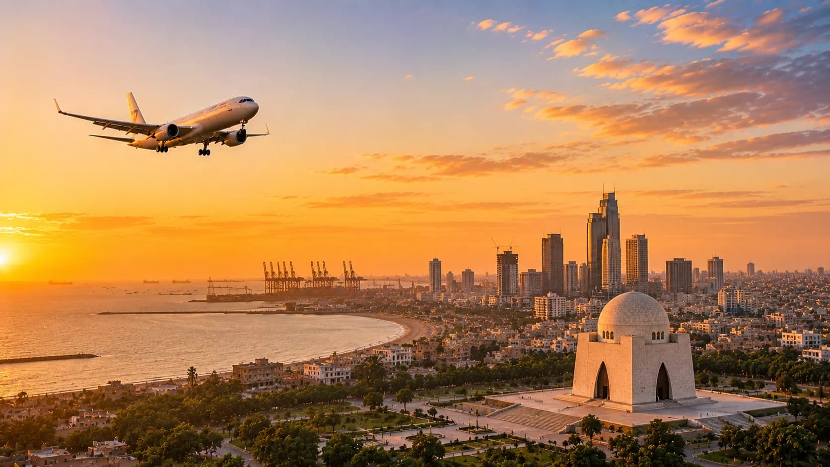 Aircraft flying along Karachi's coastline, with the Mazar-e-Quaid mausoleum dome at sunset