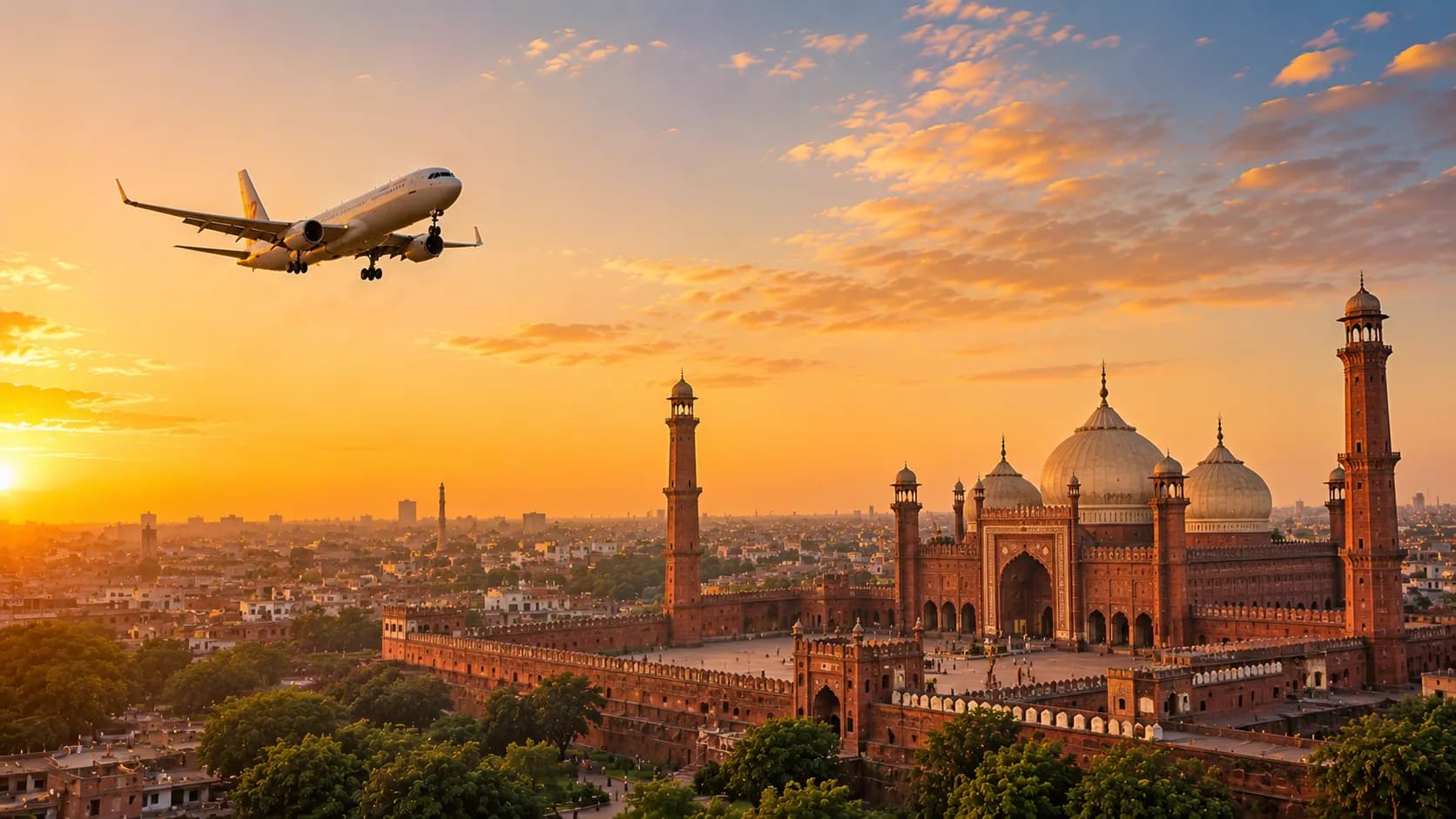 Aircraft flying over the red sandstone domes and minarets of Badshahi Mosque, Lahore, at sunset