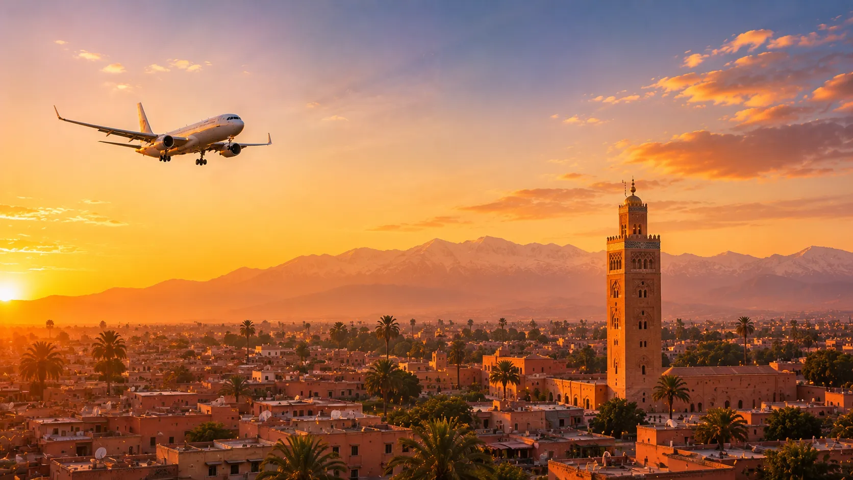 Aircraft flying over the Koutoubia minaret in Marrakech, with the Atlas Mountains behind at sunset