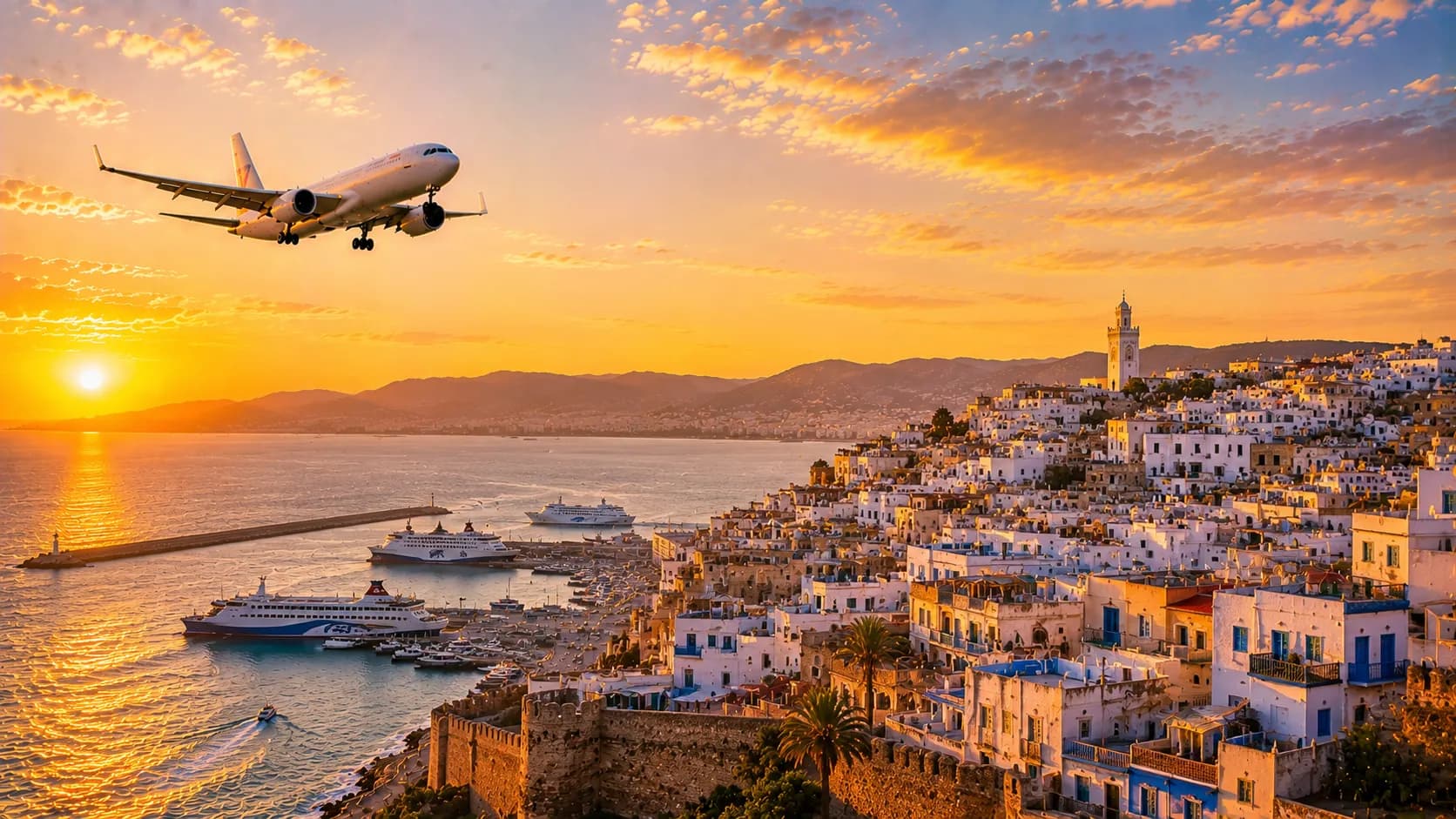 Aircraft flying over Tangier's whitewashed medina and harbour at sunset