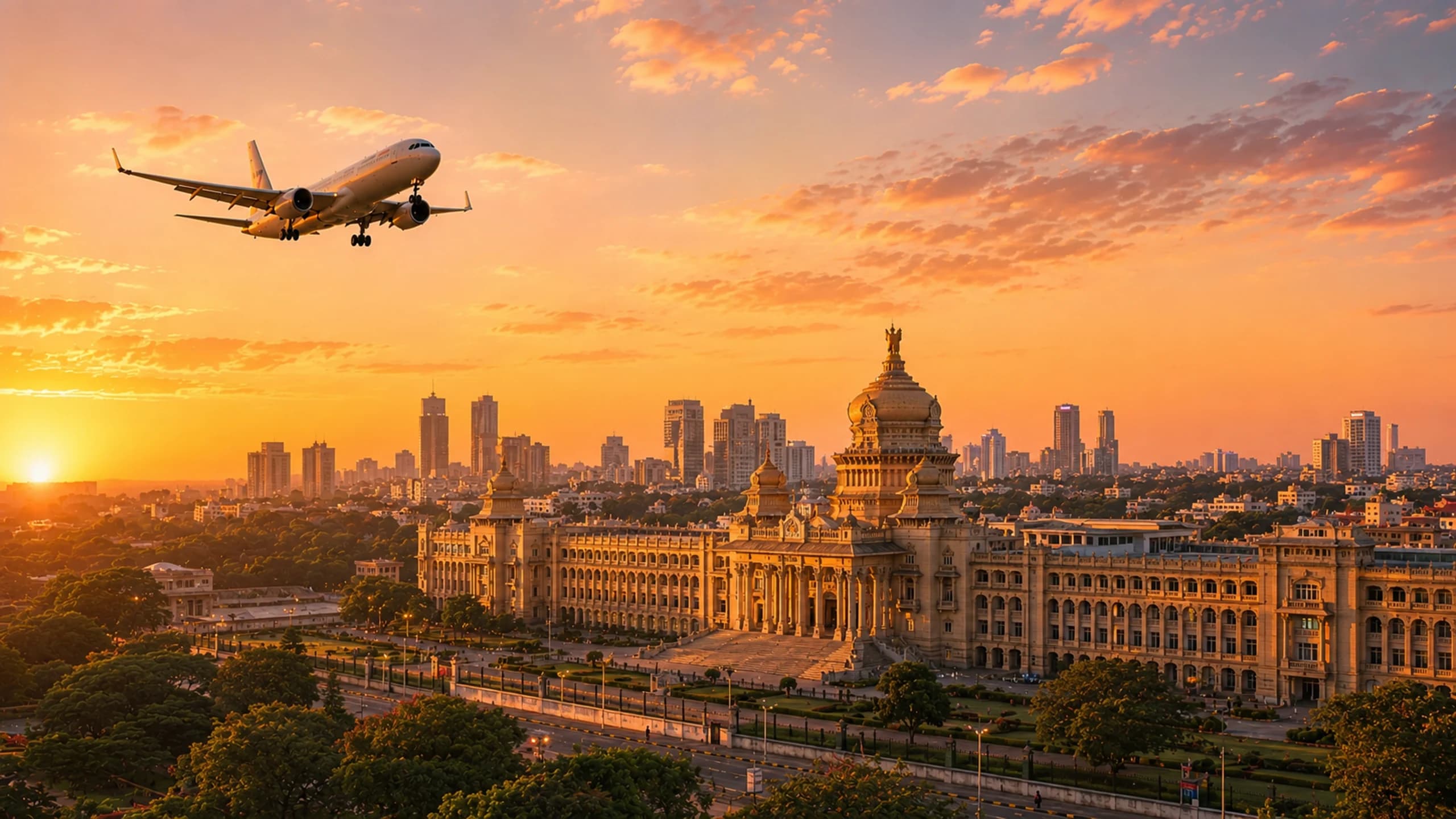 Aircraft descending over Bengaluru's skyline, with the domed Vidhana Soudha legislature building at sunset